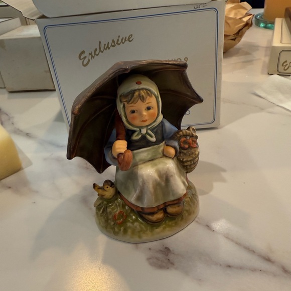 Goebel Child Figurine with Brown Umbrella and Blue Outfit